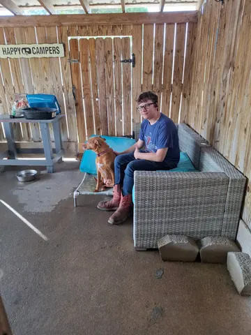 A staff member relaxing with dogs in the outdoor play yard