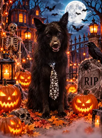 Black dog in a Halloween portrait with pumpkins and a spooky full moon