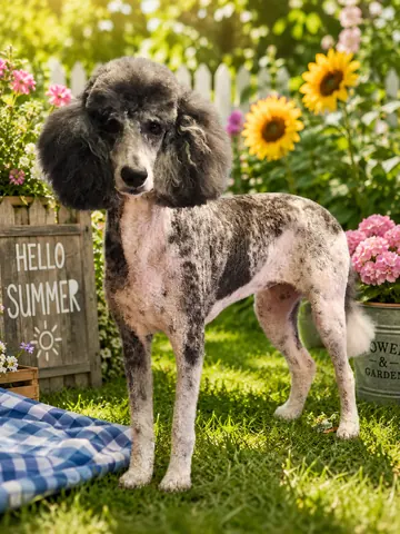 Curly gray-and-white poodle in a summer portrait with sunflowers
