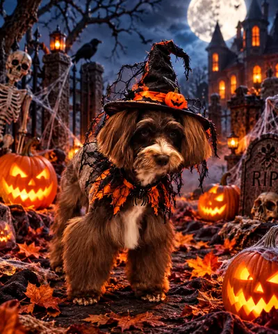 Fluffy brown pup in a witch hat surrounded by jack-o'-lanterns