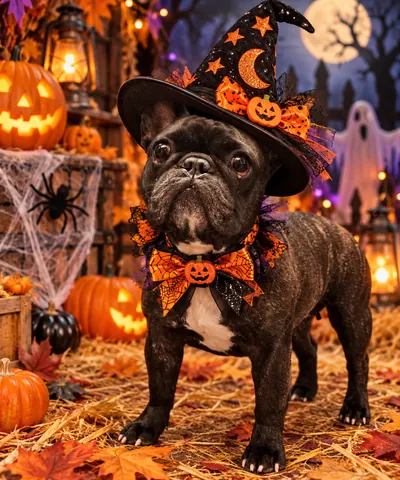 Brown dog in a witch hat and orange bow for Halloween