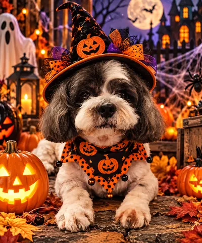 Shih tzu in a witch hat and pumpkin bandana Halloween portrait
