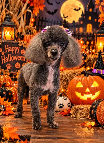 Poodle with a Happy Halloween backdrop and pumpkins