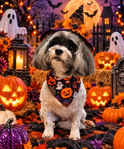 Shih tzu in a Halloween bandana among ghosts and pumpkins