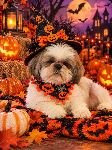 Shih tzu lying on a pumpkin blanket in a Halloween portrait