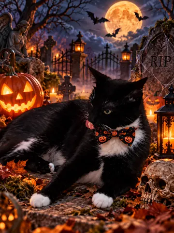 Black and white cat lounging in a Halloween portrait