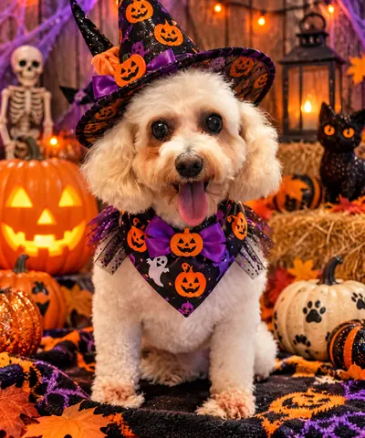 Fluffy white dog in a witch hat and pumpkin bandana